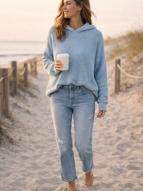 Lucky Brand Sky Blue Waffle-Knit Hoodie Sweater Sz L Coastal Cowgirl Minimalist
